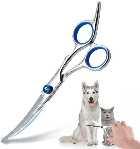 Hundeschere Gebogen, Hunde Schere für Hunde und Katzen, Edelstahl Fellschere Hunde Sicherheit Runde Spitze, Profi Hundehaarschere mit Einstellbare Schraube (Gesamtlänge 17cm)