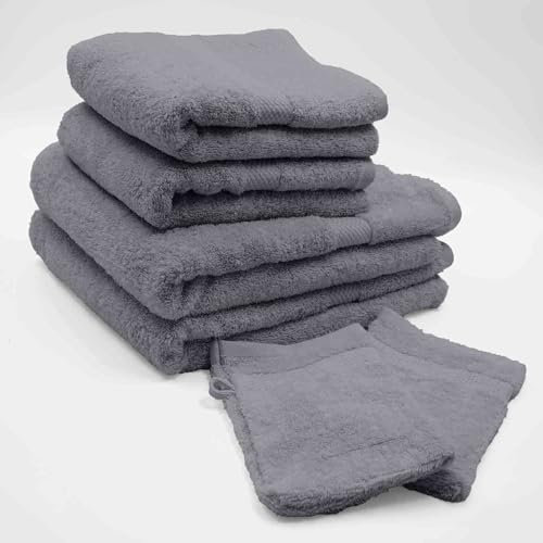 Douceur d'Intérieur Set de 2 Gants (15 x 21 cm), 2 Serviettes (50 x 90 cm) et 2 Draps de Douche (70 x 130 cm) Eponge Unie, Elégance Anthracite