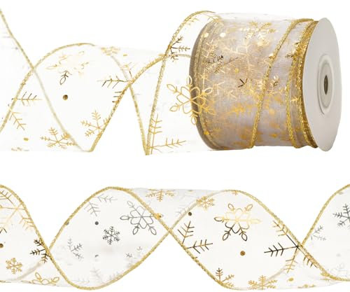 KINGLAKE Gold Wired Organza Ribbon, 10 Yards x 2.5 Inch - Xmas Tree & Wreath Ribbon with Glitter Snowflake Sheer Pattern for Gift Wrapping & Decorations