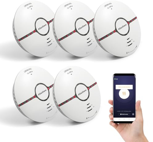 Wi-Fi Smoke Alarm, Fire Alarm Smoke Detector with Large Silence Button and Replaceable Battery,Conforms to EN14604 Standard,Sound and Flash Alarm 85dB for Home Bedroom and Kitchen, Easy Install-5 Pack