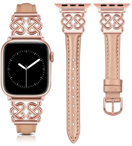 TOYOUTHS Leather Strap Compatible with Apple Watch Straps Women 42/41/40/38mm Dressy Slim Leather Strap with Designer Heart Knot Buckle for iWatch Series 10/9/8/7/6/SE/5/4/3/2/1, Rose Gold/Rose Gold