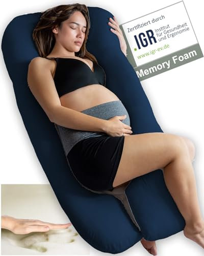 Traumreiter Seitenschläferkissen Visco M mit Bezug Marine Blau, Hybrid Kissen + 1cm Memory Foam, U Form Schwangerschaftskissen Gel Body Pillow Komfortkissen Erwachsene, Ergonomie Zertifiziert