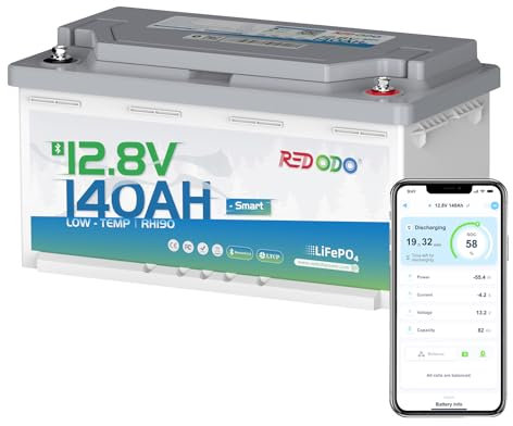 Redodo 12V 140Ah H190 Batteria Litio,Smart Bluetooth LiFePO4 Batteria con Protezione a Bassa Temperatura,40% Aumento della Capacità,BMS 150A per Camper Altezza Sedili 189mm Caravan Van