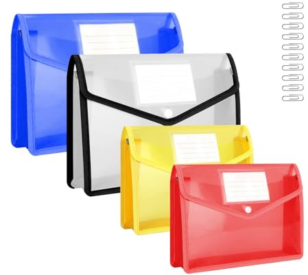 4 Stück Dokumententasche A5+10 Pcs Büroklammern, Dokumentenmappe mit Druckknopf Kunststoff Umschlag Mappe Wasserdicht Transparent Dokumententaschen für Schule Büro Dokument Reise