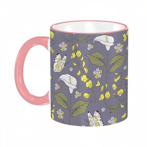 YOIUE Tasse aus Keramik - Große 11oz Tassen 330ml Kaffeetassen mit Henkel, 100% Handbemalt - Trinkgläser mit Griff - Weiß,Calla-Blumen. Blumenhintergrund