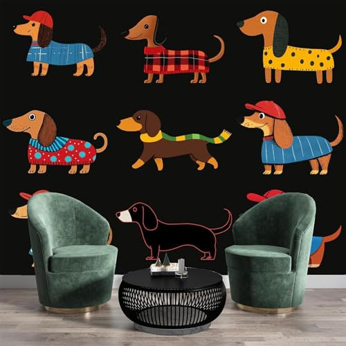 JSCWDET Mural Wallpaper 3D Cartoon Animals Silk Mural Wallpaper Modern Cute Sausage Dog Photo Mural for Bedroom Living Room Classroom Office Not Self-Adhesive400 × 280 cm