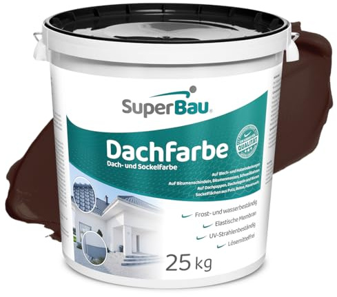 SuperBau Dachfarbe Braun Sockelfarbe WASSERDICHT, Fassadenfarbe für Außen, Dachbeschichtung für Blechdach, Bitumen, Dachpappe, Schindeln, Putz (25 kg ca.62,5m²)