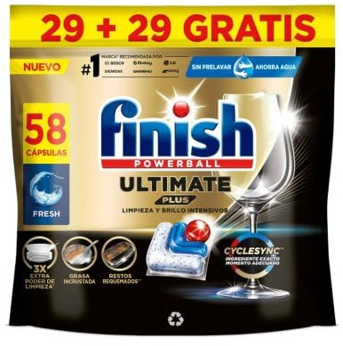 Finish Powerball Ultimate Plus All in 1 Cápsulas lavavajillas - 58 cápsulas | Nuestra mejor cápsula contra manchas difíciles - Pastilla eficaz contra restos requemados - Elimina, desincrusta y desengrasa