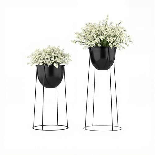 Ribelli Metall Blumentopf Ständer 2er Set φ25/28,5 cm, Blumenhocker mit Übertopf, Blumentreppe Pflanzenständer Blumenständer für Draußen & Innen, Pflanzenregal für Haus & Garten Dekoration (Schwarz)