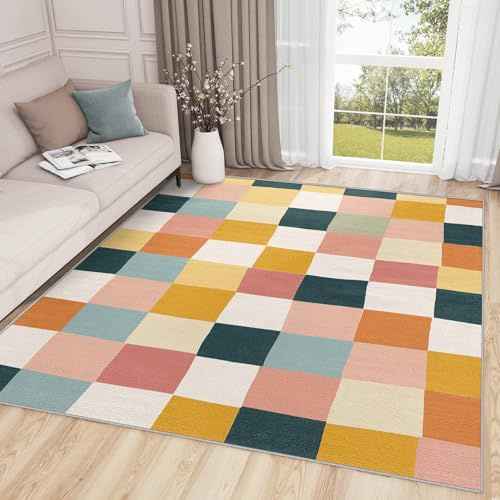 AUWUUA Karierter Teppich, 50 x 80 cm, Eingangsmatte für den Innenbereich, Läufer für Flure, bunter geometrischer Patchwork-Mehrfarben-Plaid-Teppich, Schlichter moderner Teppiche für das Schlafzimmer