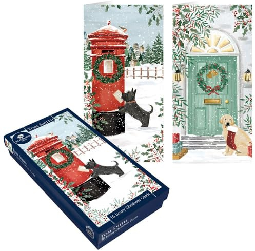 Tom Smith Weihnachtskarten-Set, 15 luxuriöse Weihnachtskarten mit Umschlägen und Siegeln, schlankes Hundepostkasten- und Haustür-Design, recyceltes, umweltfreundliches Weihnachtskarten-Set