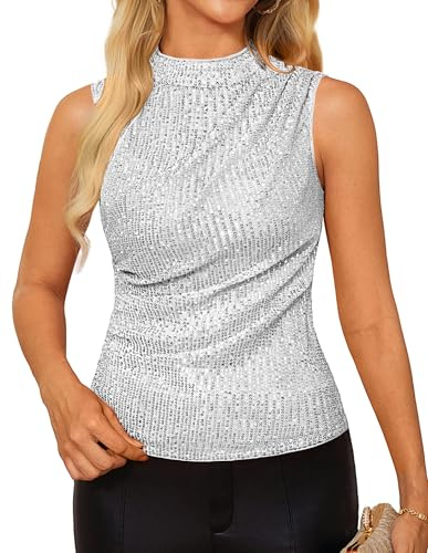 GRACE KARIN Damen Ärmelloses Pailletten Tank Top Elegant Neckholder Glitzer Bluse Slim Fit Party Cocktail Oberteile Silber M