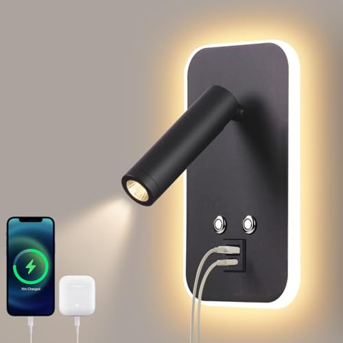 AWEKLIY Väggmonterad läslampa, LED-vägglampa sänglampa med dimbar touch-strömbrytare och USB A+C laddningsport, 320° roterande läslampa säng, lämplig för vardagsrum, sovrum och hotell (3W + 7W) Svart