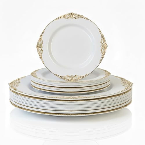 Playlearn Luxia 20Pcs Elegant Plastic Plates Lace White & Gold 10 Dinner and 10 Dessert Plates Set Durable, Reusable Plastic Plate Modern Design Tableware for Party & Event