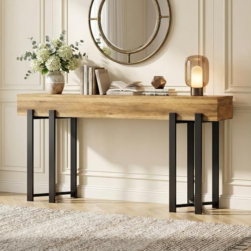 Lailang 160cm Console d'Entrée, Console Canapé, Meuble Industriel Bois Metal, Meuble Entrée Couloir, Console Fine, 160 x 30 x 80 cm, Chêne Noir
