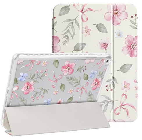 Fycyko Funda para iPad 9, 8, 7ª generación 2021/2020/2019, iPad de 10,2 pulgadas, parte trasera transparente con soporte para bolígrafo, bonito arco de flores, soporte triple estético, diseño de