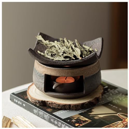 Ceramic Cedar and Zen Herb Burner, Wax Melt Warmer (Gray) | with Tealight Holder, Handmade Aromatherapy Stove Essential Oil Burner for Meditation, Yoga, Deep Relaxation