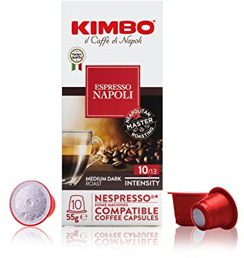 Kimbo Lot de 10 capsules de café Espresso Napoli, compatibles Nespresso, 10 capsules Napoli, café italien authentique, prêt à la machine à café, arôme riche au goût fort, 10 dosettes