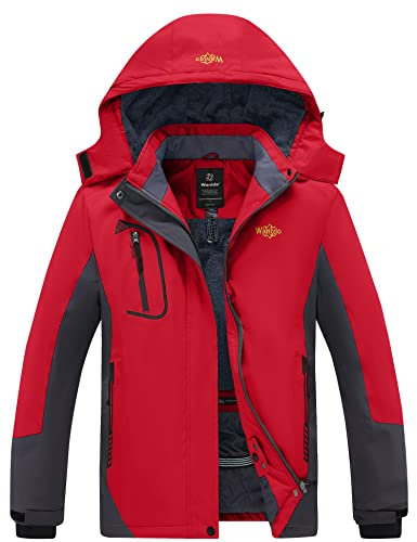 Wantdo Damen Berg Ski Jacke Wärmer Winter Fleece Mäntel Wasserdichter Atmungsaktive RegenMäntel Outdoor Kapuzen Windbreaker Jacken Rot L