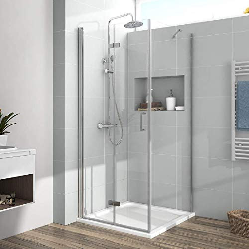 EMKE Duschkabine 75x80 Eckeinstieg Falttür Dusche 180º Klappbar Duschwand Duschtür Duschabtrennung Mit Seitenwand 80cm 6mm ESG Sicherheitsglas Eckdusche Komplettdusche 195cm