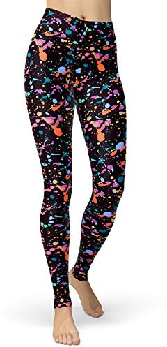 sissycos Damen 80er Artistic Leggings, Bunte Print Sanft Hohe Taille Lang Regular und Plus Size(buntes Leggings Orange,S)