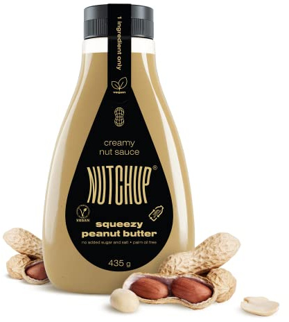 NUTCHUP Erdnussbutter in Squeeze-Flasche – Cremiger Nussbelag, Erdnuss-Topping, Soße für Pfannkuchen, Waffeln, Eiscreme, Pizza – 435g Flasche
