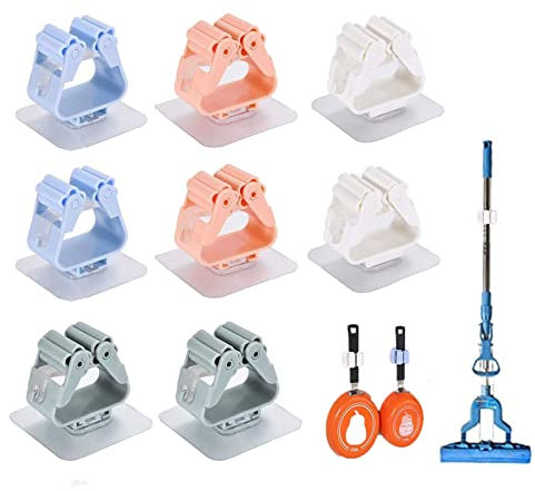 Besenhalterung Wand, 8Pcs Besen Mop Halter, Besenhalter Wandhalterung, Besenstiel Wandhalterung für Haushalts und Gartengeräte(Blau+Weiß+Pink+Grau)