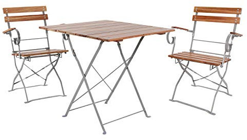 INDA-Exclusiv Top 3er Biergarten Set Bistroset Klapptisch + 2 Klappstühle mit Armlehnen klappbar Akazieholz und pulverbeschichteter Stahl 70x70cm