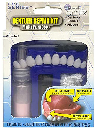 Instant Smile Denture Repair Kit, Multi Purpose Denture Kit for Replacing Missing or Broken Teeth, Re-Lining Loose Appliances, Repairing Fractures, 10 False Teeth Kit