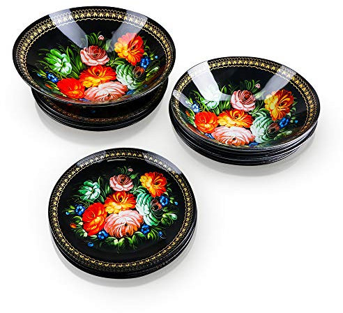 Tafelservice Geschirr-Set aus Glas für 6 Personen, 19-teilig, Russland Motive, Chochloma-Malerei-Muster, 6x Suppenteller, 6x Dessertteller, 1x Salatschüssel (Volksmotive)