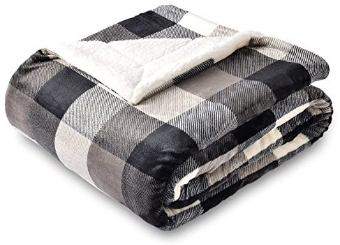 SOCHOW Karierte Sherpa Decke Fleecedecke Kuscheldecken, Dicke Sofadecke Couchdecke, doppelseitig superweiche warm luxuriöse Sofaüberwurf Flauschige Wohndecke 150 x 200 cm, Schwarz/Weiß