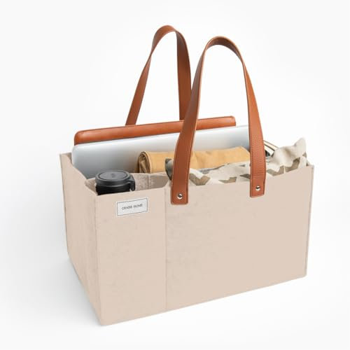 CHAISE HOME Organiser Caddy - File Folder Tote with Handle - Portable Office Bag - Teacher, School & Work Supplies - Arts & Crafts Storage (Beige)