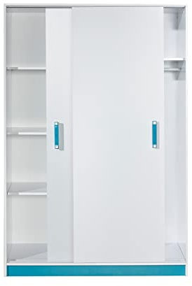 Marmex Trafiko T14 - Kleiderschrank mit Schiebetüren, Kleiderschrank mit Regalen und Stange, Kleiderschrank für Jugendliche (Korpus: weiß + Front: weiß +Türkis)