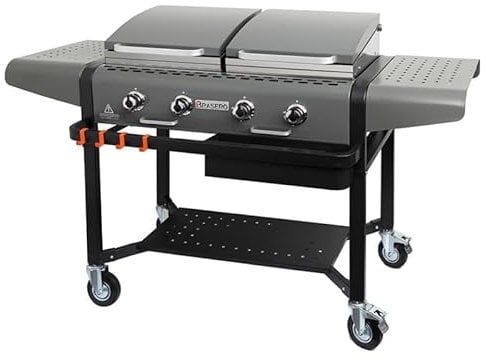 BRASERO - Plancha Margaux Gun Metal sur Chariot équipé - Grill et Plancha - 4 Feux à gaz - Jusqu'à 14 convives - Surface de Cuisson 86 x 72,7 cm - 15 KW - Récupérateur de Graisses