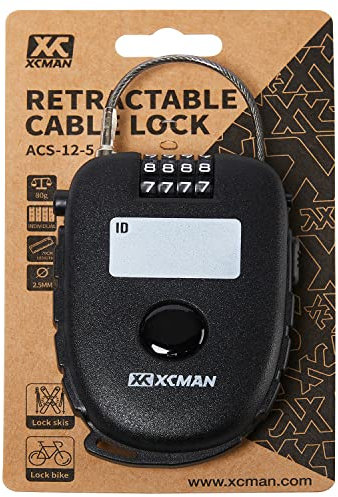 XCMAN Sicheres 4-stelliges Zahlenschloss mit 76,2 cm einziehbarem Kabel für Ski, Snowboard, Kinderwagen, Fahrrad und Koffer