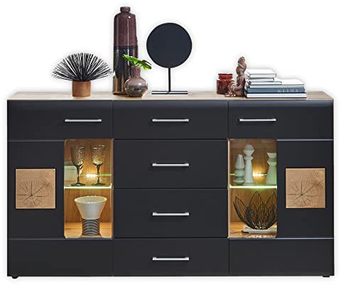 Stella Trading SONATE Sideboard in Eiche Altholz Optik, Schwarz - Moderne Kommode mit Schubladen und LED-Beleuchtung - 170 x 93 x 40 cm (B/H/T)