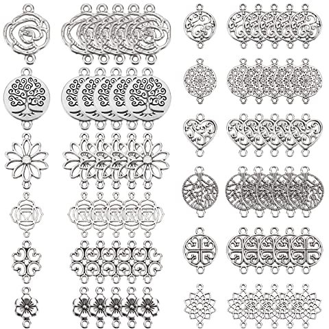 SUNNYCLUE 1 boîte 84 pièces 14 styles Style Tibétain Arbre de Vie Breloques en Vrac Creux Fleur Rose Connecteur Breloques pour la Fabrication de Bijoux Lien Breloque Coeur Chakra Yoga Artisanat Boucle