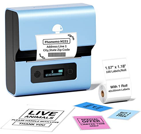 Phomemo M221 Etikettendrucker - Barcode Drucker Bluetooth Beschriftungsgerät Label Maker, für Unternehmen, Adresse, Büro, QR-Code, Logo, Schmuck,Einzelhandel, Kompatibel mit Phones und PC-System,Blau