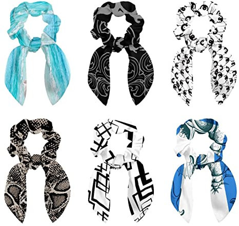 6 Stück Haargummis – Nahtloser Totenkopf-Muster, Haargummi mit Schleife, elastische Haargummis, Pferdeschwanzhalter für Frauen, Teenager-Mädchen