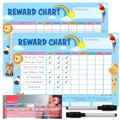 SOL 2pk A4 Reward Chart, 28.6cm x 22cm Magnetic Chore Chart for Kids, Reusable, Reusable & Easy to Clean Behavior Chart with Pen, Ideal for Responsibility & Task Tracking with Kid-Friendly Design