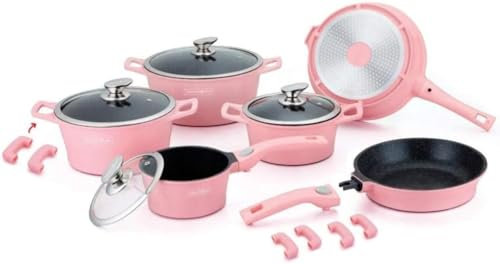 ClaShop Set di pentole Royalty Line in pietra, effetto marmo, da 14 pezzi, di colore rosa