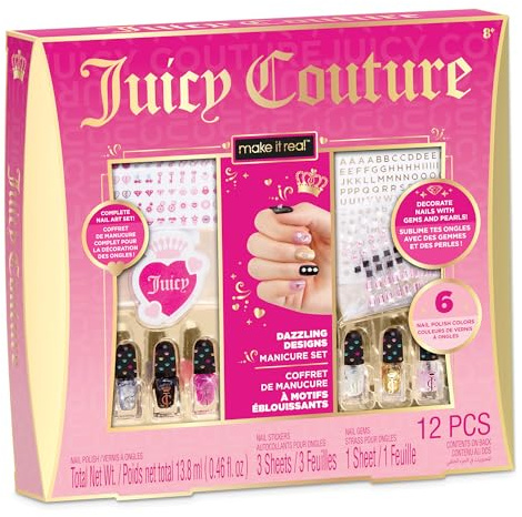 Make It Real Juicy Couture Dazzling Designs Kids Manicure Set - Nail Art Set for Girls with Nail Gems & Sticker Sheets, 6 Polish Colors - Complete Manicure Kit for Creative Styling, Ages 8+