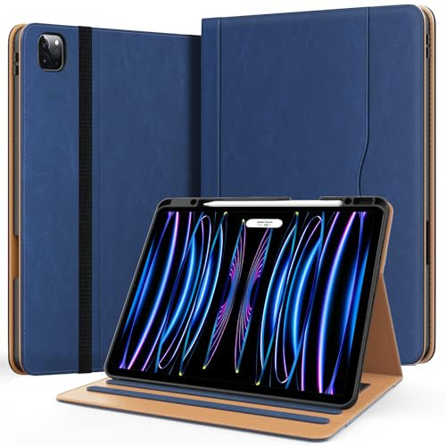 Zonefoker for New iPad Pro 12.9 Case 6th/5th/4th/3rd Generation 2022/2021/2020/2018, 12.9 inch ipad Pro Leather Folio Cover with Pencil Holder, Multi-Angle Viewing Stand, Auto Wake/Sleep, Navy Blue
