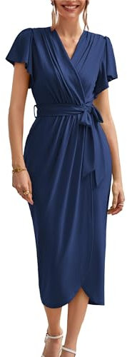 GRACE KARIN Ladies Summer Beach Dress Wedding Guest Cocktail Party Dress V Neck Short Sleeve Ruffle Slit Wrap Dress M Size 14 Navy Blue