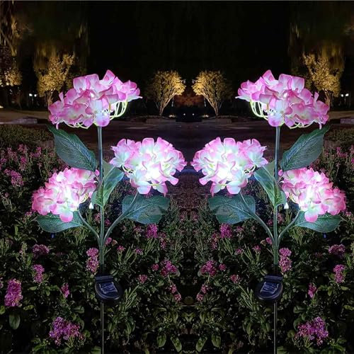 Uezeth 2-Pack Solar Garden LED Flower Lights Decoration, Solar Lights Outdoor Garden Waterproof, Hydrangea Solar Lights,Solar Garden Ornaments for Lawn Patio Porch Flowerbed Pathway (Pink), ED1295