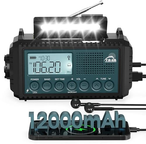Roxicosly Kurbelradio, Notfallradio mit 12000 mAh Power Bank, AM/FM/SW Baustellenradio, Kurbel & 5-Wege Solar Radio mit Weltempfänger, Als Taschenlampe & Ladegerät, für Outdoor, Camping, Baustellet