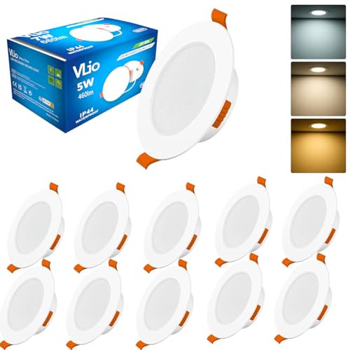 Vlio LED Einbaustrahler 230V Dimmbar 5W Ultra Flach IP44 LED Spots Warmweiß Neutralweiß Kaltweiß, LED Einbauleuchten Deckenspots Einbauspots, 75–85mm Lochmaß, 10er Set