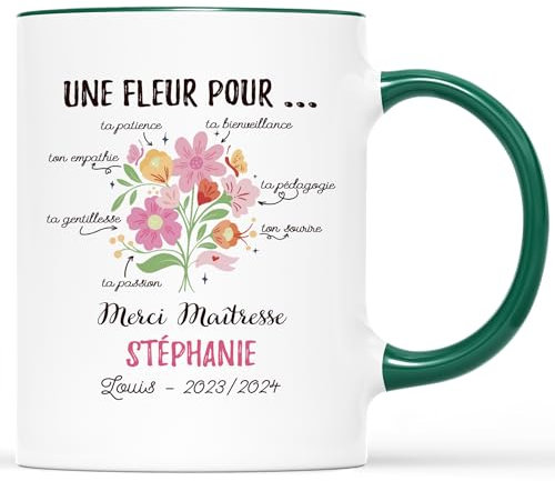 Cadeau Plus Mug Personnalisé Prénom Merci Maîtresse - Cadeau personnalisé maitresse, cadeau maîtresse, mug personnalisé merci maitresse, tasse maitresse d'école (Vert)