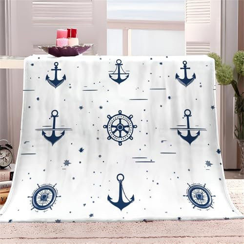 Marineblau Kuscheldecke Flauschig 170x200 cm Marineruder und Anker Druck Fleecedecke Weiche Sofadecke Fleecedecke Mikrofaser Wohndecke Pflegeleicht Warm Gemütlich für Erwachsene und Kinder