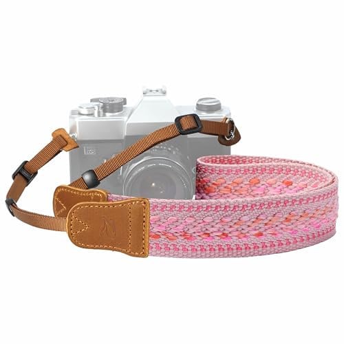 Padwa Lifestyle Speed Pink Camera Strap - 1.5 Soft Cotton Rope Weave Crazy Horse Cowhide Head Camera Straps for Photographers and All Cameras,Cute Adjustable Vintage Woven Strap for Adults & Kids